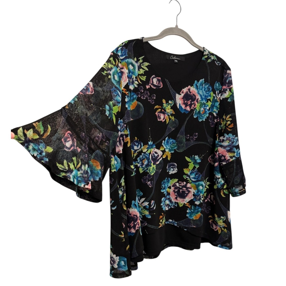 Calessa Floral Blouse Women's PXL Black Blue Bell Sleeve Boho Layered Top Office